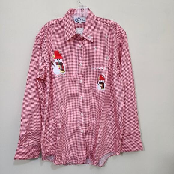 Vintage NWOT LasOlas gingham check snowman applique long sleeve button up shirt - Picture 1 of 9